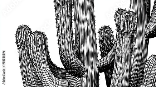 Detailed black and white illustration of a cactus plant isolated