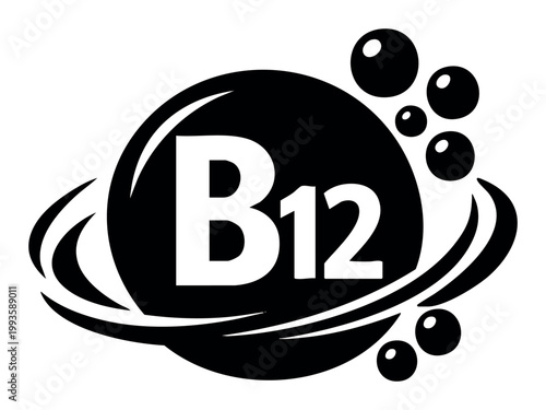 Vitamin B12 symbol in black and white, depicting a crucial nutrient for health and energy, relevant for medical and wellness topics