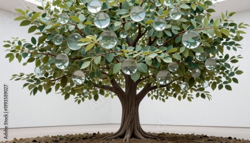 Artistic glass tree installation modern art gallery sculpture indoor eye-level nature and reflection concept