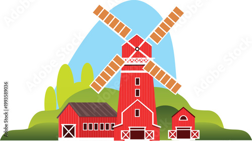 A classic farm windmill with barns isolated on transparent background