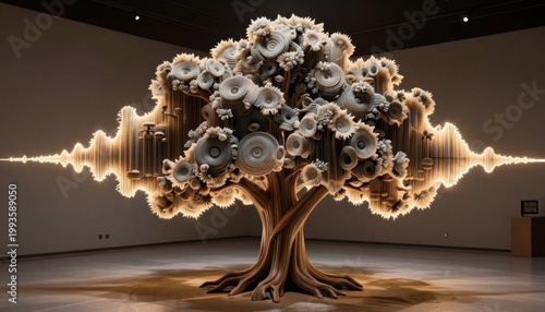 Artistic installation of a tree representing sound waves gallery exhibition sculpture contemporary art space ground level nature and sound concept