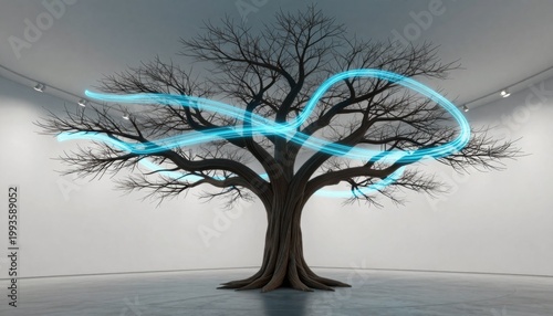 Dynamic light waves surrounding a sculptural tree art gallery digital art minimalist space artistic perspective
