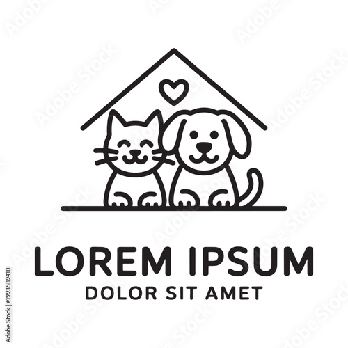 A simple line drawing depicts a cat and dog under a house
