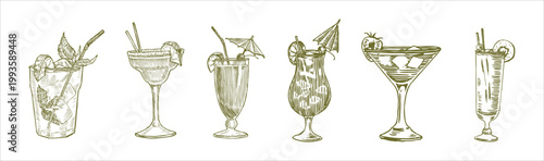 Hand drawn cocktail glass icon set vintage drink illustration. Includes mojito highball margarita martini coupe hurricane pina colada sling goblet and garnished citrus cocktails. Elegant sketch style 
