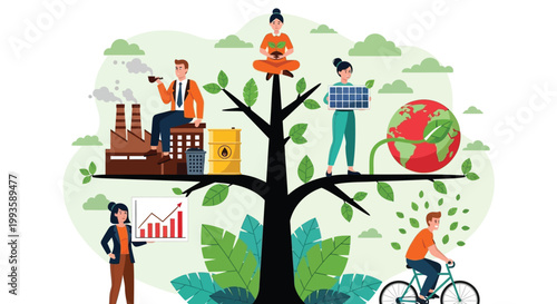 Eco friendly business, sustainable development, green planet, people icons, vector set