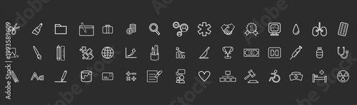 Line icon set user interface business technology symbols. Includes folder file lock key cloud upload download settings chart analytics shopping cart calendar mail and device elements. Clean minimal UI