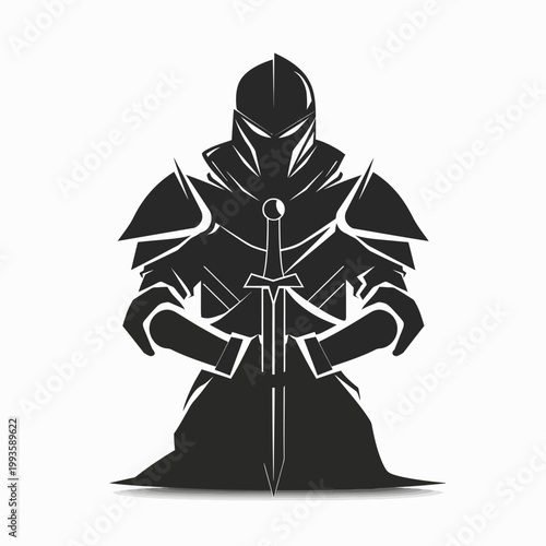 Powerful Armored Knight Silhouette Holding a Sword, Medieval Warrior Emblem Vector Illustration, Dark Fantasy Concept Icon
