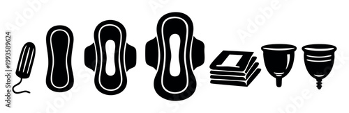Menstrual hygiene products vector flat icons illustrating various options for feminine health and period protection