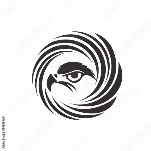 Dynamic stylized eagle or hawk head logo in a swirling circular design. Abstract bird of prey symbol representing power, speed, and vision.