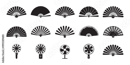 Set of folding fan icons, handheld accessories for cooling and decoration, traditional oriental items for comfort.