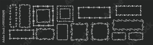 Dotted line frame set geometric border collection. Includes rectangle rounded square oval scallop wave dashed dot outline frames for labels posters packaging and web layouts. Clean minimal vector pack