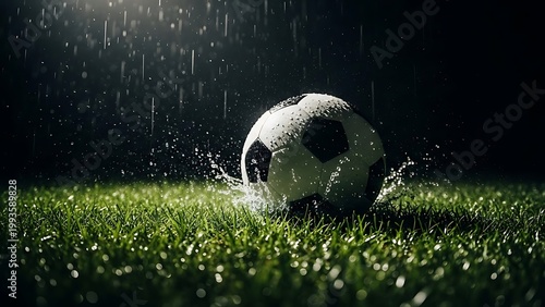 A soccer ball in the rain on a lush green field