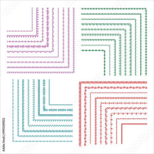 Colorful corner border set decorative geometric line frames. Includes zigzag wave dot dash chain cross tile leaf floral corner edges for invitations cards packaging textile and web backgrounds. Clean 