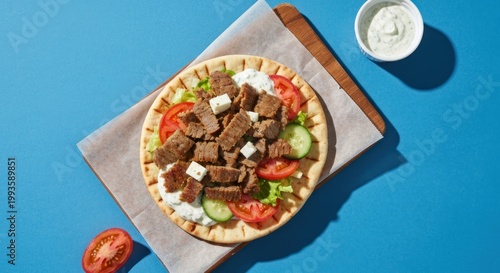 Flatbread filled with meat, vegetables, sauce; blue background
