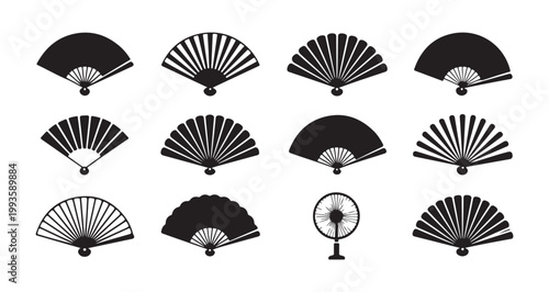 Collection of black silhouette folding hand fans on white background vector illustration.