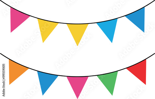 Colorful bunting flags garland decoration set, festive party banner with triangular pennants for celebration events vector illustration