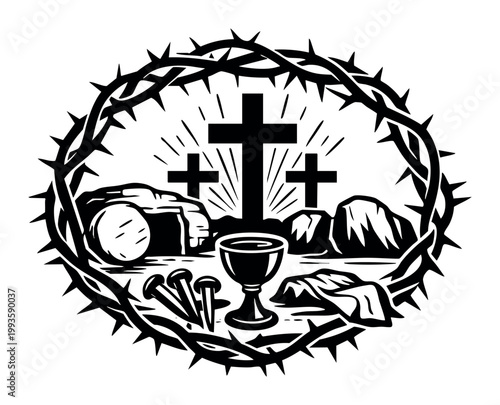 Christian Easter symbols featuring the cross, empty tomb, chalice, nails, and shroud of Christ, framed by a crown of thorns