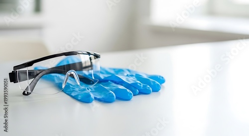 Safety glasses and blue gloves on a white table. Protection for medical work.