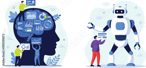 Artificial intelligence and human interaction concept with robot assistant, data driven human brain visualization and machine learning technology illustration for modern digital innovation