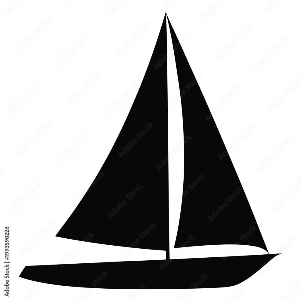 Fototapeta premium A simple black sailboat with a prominent triangular sail glides across calm waters silhouette