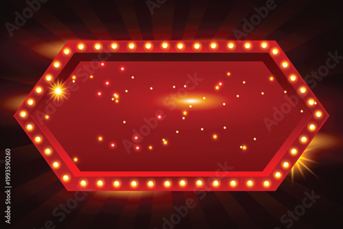 Red retro hexagonal marquee sign with glowing light bulbs and sparkles, theater or circus show board background
