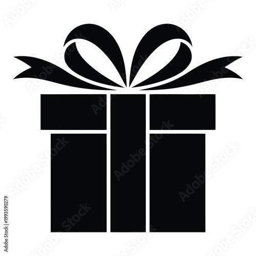 A black silhouette of a gift box adorned with a large flowing ribbon and bow silhouette
