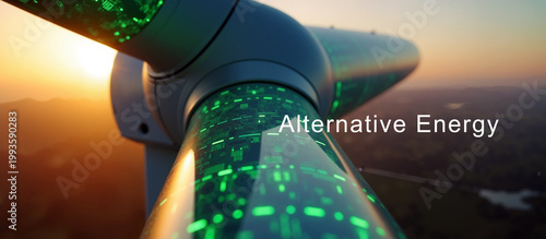 Futuristic Wind Turbine with Digital Circuit Patterns at Sunset for Alternative Energy Concept