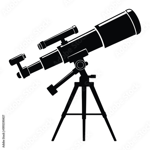 A detailed black silhouette of a refracting telescope mounted on a tripod stand astronomy focused silhouette
