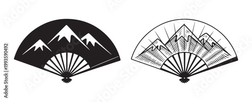 Traditional japanese hand fan with mountain landscape design, black silhouette and outline vector illustration.