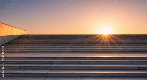 Stone steps lead up to a bright sunrise horizon