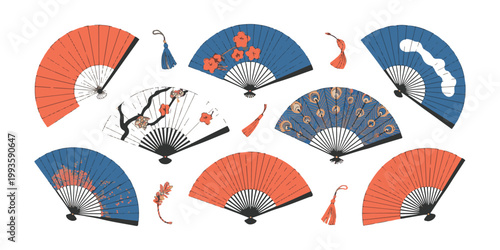 Oriental hand fans set. traditional japanese accessories with tassels, painted elements, vector illustration.