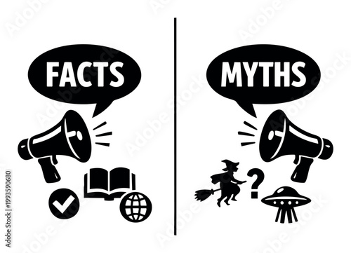 Comparing facts and myths with megaphones, representing spreading truth, misinformation, education, and fake news