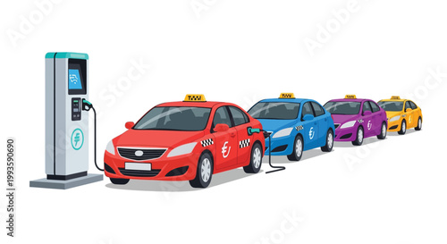 A row of colorful electric taxis charging at a modern charging station