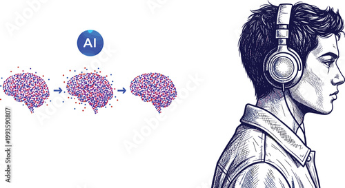 Artificial intelligence brain visualization with data points and man wearing headphones, machine learning, neural network and digital mind concept modern technology illustration