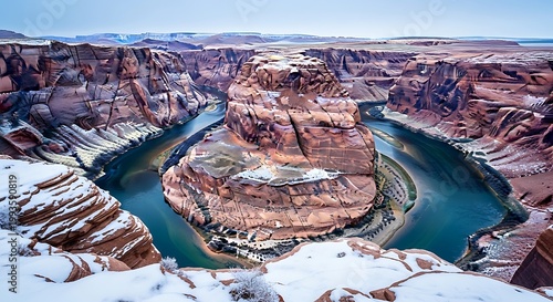 Horseshoe bend in page, arizona, during winter with snow on the red rock canyon walls and the colorado river flowing below
