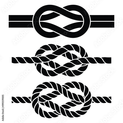 A graphic depiction of three different knotted ropes presented as a striking black silhouette
