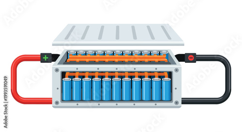 An open battery pack with blue cylindrical cells and orange connectors on a white background