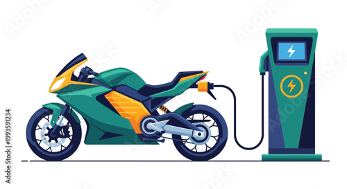 An electric motorcycle is charging at a modern green charging station with a yellow accent