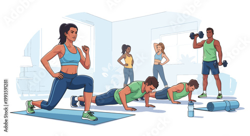 Diverse group of men and women doing various exercises indoors, including lunges, push-ups, and weightlifting, illustrating a healthy and active lifestyle.