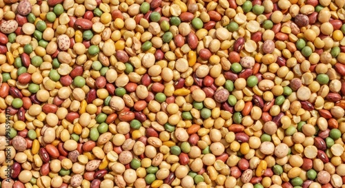 Overhead shot of numerous, colorful dry legumes tightly clustered