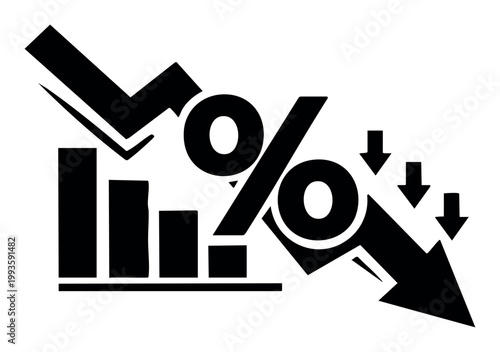 Percent symbol combined with a falling arrow and bar chart illustrating financial loss, economic crisis, and market decline
