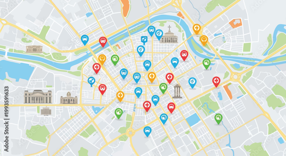 Fototapeta premium A detailed map of a city with various colorful location markers and landmarks