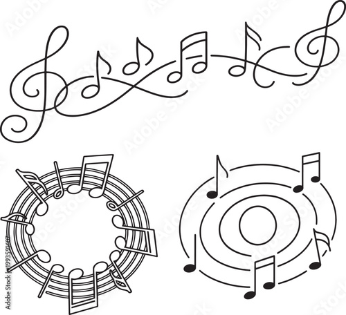 musical notes and treble clef design elements in black line