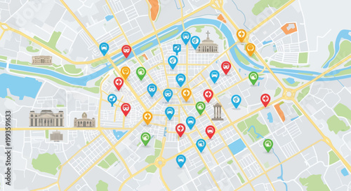 A detailed map of a city with various colorful location markers and landmarks