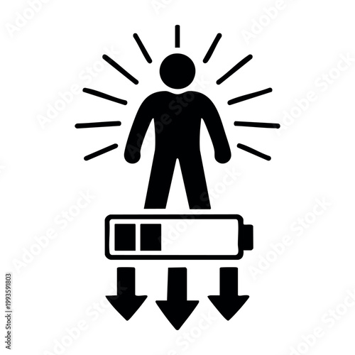 Human figure standing on a battery with draining energy, representing low power, exhaustion, and physical weakness