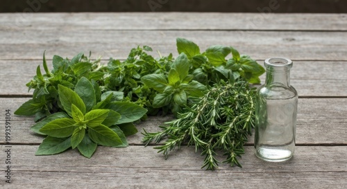 Fresh herbs and a glass vial on a rustic wooden table