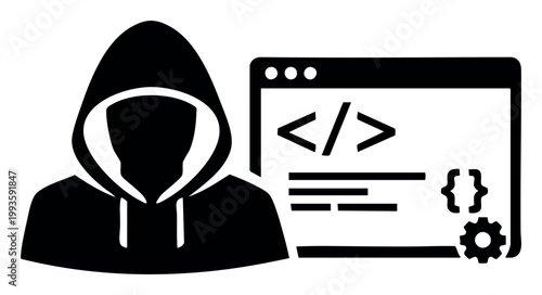 Hacker in a hoodie performing cybercrime, coding malware, stealing data, hacking system, and protecting digital information