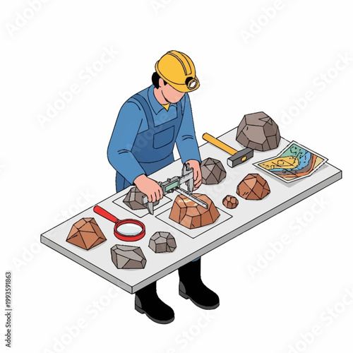 Geologist Examining Rocks and Minerals with Tools.
