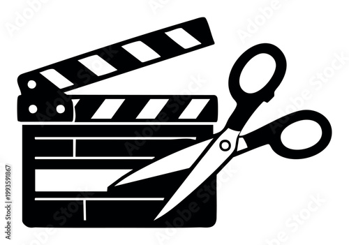 Clapperboard and scissors icon representing the process of video editing, movie production, and post-production