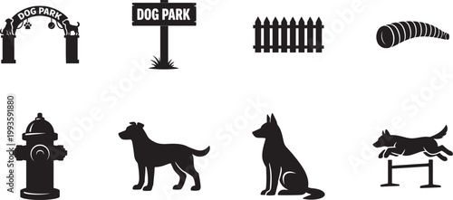 Dog park silhouettes with dogs agility equipment and amenities, outdoor pet activity vector.